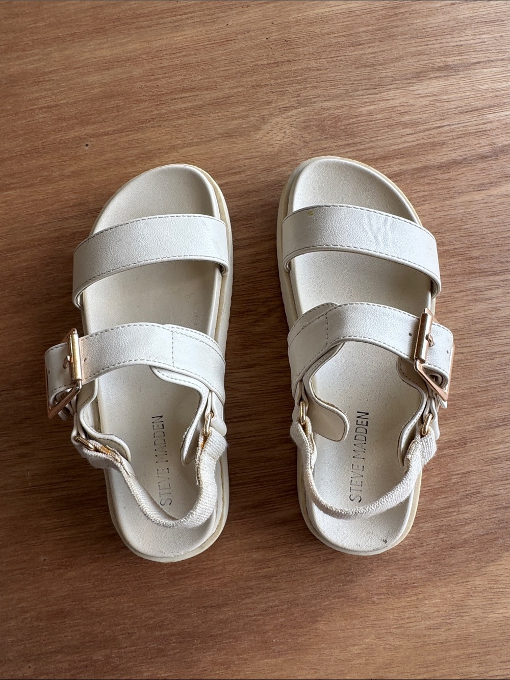 Steve Madden Kids Cream Double-Strap Sandals with Gold Buckles